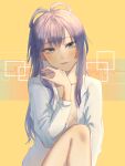  1girl chinese_commentary collarbone commentary_request expressionless flat_chest green_eyes grey_hair hair_rings highres knees_up lips long_sleeves looking_at_viewer luo_tianyi open_clothes open_shirt shirt sitting solo sound_wave tangshishi tsurime upper_body vocaloid vsinger white_shirt yellow_background 