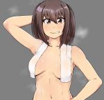  1girl arm_behind_head breasts brown_eyes brown_hair collarbone hand_on_hip kaauchi kantai_collection medium_breasts navel nude sendai_(kancolle) smile solo steam towel towel_around_neck two_side_up upper_body 