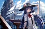  1girl black_headwear blue_hair blue_sky building cathedral day expressionless hand_on_headwear highres hinanawi_tenshi long_hair looking_at_viewer neck_ribbon red_eyes red_neckwear ribbon ryosios ship shirt short_sleeves sky solo touhou watercraft white_shirt 