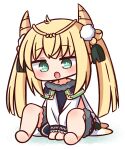  1girl :o bangs barefoot between_legs blonde_hair blush chibi commentary_request eyebrows_visible_through_hair full_body fur_trim green_eyes gyokuran_(merc_storia) hana_kazari hand_between_legs highres horns knees_up long_hair long_sleeves looking_at_viewer merc_storia open_mouth shirt sitting solo symbol-shaped_pupils twintails v_arms very_long_hair white_background white_shirt 