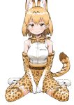  1girl absurdres animal_ears bare_shoulders blonde_hair blush boots bow bowtie commentary_request earthisfire elbow_gloves extra_ears eyebrows_visible_through_hair gloves high-waist_skirt highres kemono_friends print_gloves print_neckwear print_skirt serval_(kemono_friends) serval_ears serval_girl serval_print serval_tail shirt short_hair sitting skirt sleeveless smile solo tail thighhighs wariza white_footwear white_shirt yellow_eyes zettai_ryouiki 