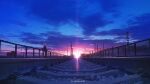  1girl blue_sky blur blurry blurry_background building building_block city cityscape commentary_request fence highres lens_flare lifeline_(a384079959) original perspective power_lines railroad_tracks road_sign scenery sign signature silhouette sky skyline solo standing sunlight sunset train_station utility_pole 