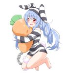 1girl absurdres animal_ear_fluff animal_ears bangs barefoot blue_hair blush braid bunny_ears bunny_tail carrot_pillow chain cuffs eyebrows_visible_through_hair fake_animal_ears felutiahime hair_ornament highres hololive legs long_hair long_sleeves looking_at_viewer open_mouth pillow pillow_hug prison_clothes shirt single_bare_shoulder solo striped striped_shirt tail tearing_up twin_braids usada_pekora virtual_youtuber white_background 