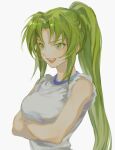 1girl arms_under_breasts bangs bare_shoulders breast_hold breasts commentary crossed_arms eyebrows_behind_hair green_eyes green_hair gym_uniform high_ponytail highres higurashi_no_naku_koro_ni long_hair looking_away medium_breasts open_mouth sei_(_mo1008) shiny shiny_hair shirt sidelocks simple_background sleeves_rolled_up solo sonozaki_mion standing upper_body upper_teeth very_long_hair white_background white_shirt 