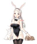  1girl absurdres animal animal_ears bangs bare_arms bare_shoulders black_legwear black_leotard blue_eyes bow bowtie breasts bunny bunny_ears cleavage commission covered_navel cowboy_shot detached_collar fake_animal_ears groin highleg highleg_leotard highres large_breasts leotard long_hair looking_at_viewer open_mouth original parted_bangs playboy_bunny puckjjick_(belbesi19) simple_background smile solo strapless strapless_leotard thighhighs thighs white_background white_hair wrist_cuffs 