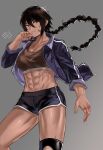  1girl abs black_hair black_jacket black_shorts braid braided_ponytail breasts brown_sports_bra cowboy_shot dolphin_shorts gradient gradient_background grey_background hand_up highres hunyan jacket long_hair long_sleeves muscular muscular_female original shorts solo sports_bra 