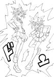  2boys bangs blush bow bowtie buttons closed_mouth commentary_request crossdressing fushitasu greyscale hands_on_hips jacket long_sleeves looking_to_the_side male_focus monochrome multiple_boys mutou_yuugi pleated_skirt shoes skirt smile spiked_hair thighhighs yami_yuugi yu-gi-oh! yu-gi-oh!_duel_monsters 