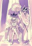  2boys atem black_hair bright_pupils cape closed_mouth commentary_request crossed_legs fan fushitasu holding holding_fan indoors jewelry looking_up male_focus millennium_puzzle multicolored_hair multiple_boys mutou_yuugi robe shoes sitting spiked_hair standing throne yu-gi-oh! yu-gi-oh!_duel_monsters 