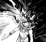  1boy armlet atem black_hair cape commentary_request egyptian from_above fushitasu greyscale holding looking_at_viewer male_focus monochrome parted_lips shirt sketch smirk solo spiked_hair yu-gi-oh! yu-gi-oh!_duel_monsters 