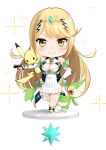  1girl bangs bare_legs bare_shoulders blonde_hair breasts chest_jewel chibi cleavage cleavage_cutout clothing_cutout crossover daive dress earrings elbow_gloves gen_1_pokemon gen_5_pokemon gloves highres jewelry large_breasts long_hair mythra_(xenoblade) pikachu poke_ball pokemon short_dress snivy swept_bangs thigh_strap tiara very_long_hair white_dress white_footwear white_gloves xenoblade_chronicles_(series) xenoblade_chronicles_2 yellow_eyes 