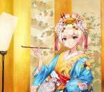  1girl absurdres architecture bell blonde_hair closed_mouth daishu_mianbao double_bun east_asian_architecture eyeshadow flower gradient_hair green_eyes hair_bell hair_flower hair_ornament hairpin haori highres holding holding_pipe hololive japanese_clothes jingle_bell kimono kiseru layered_clothing layered_kimono light_blush looking_at_viewer makeup momosuzu_nene multicolored_hair nekko_(momosuzu_nene) nihongami obi oiran pink_hair pipe sash solo two_side_up virtual_youtuber 