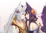  2girls animal_ears bell blue_eyes breasts cleavage detached_sleeves erune eye_contact fang fox_ears fox_girl fox_tail fur_collar gollizo granblue_fantasy grin hair_bell hair_ornament hair_ribbon heart highres long_hair looking_at_another multiple_girls noses_touching one_eye_closed purple_hair red_eyes ribbon silver_hair skin_fang smile socie_(granblue_fantasy) tail very_long_hair yuel_(granblue_fantasy) yuri 