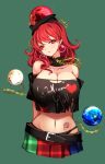  1girl black_shirt breasts crop_top earth_(ornament) hecatia_lapislazuli highres large_breasts moon_(ornament) off-shoulder_shirt off_shoulder plaid plaid_skirt polos_crown raptor7 red_eyes red_hair shirt skirt solo t-shirt torn_clothes touhou underboob 