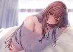  1girl amane_ruri bangs bare_shoulders bed_sheet blanket blurry blurry_background blush brown_eyes brown_hair closed_mouth depth_of_field fingernails fur_sweater grey_nails indoors long_fingernails long_hair long_sleeves looking_at_viewer lying mole_on_arm nail_polish on_bed on_stomach original purple_sweater sleeves_past_wrists smile solo sweater under_covers upper_body 