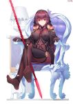  1girl absurdres armor bodysuit breasts chair covered_navel covered_nipples crossed_legs fate/grand_order fate_(series) feet foot_focus full_body gae_bolg_(fate) hair_intakes highres jewelry large_breasts legs leotard long_hair looking_at_viewer ninai no_shoes pauldrons polearm purple_bodysuit purple_hair purple_leotard red_eyes red_hair scathach_(fate) scathach_(fate)_(all) shoulder_armor soles spear very_long_hair weapon 