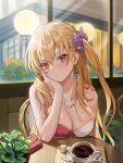  1girl alisa_reinford bare_arms bare_shoulders bead_necklace beads blonde_hair bow breast_rest breasts chibi_vanille cleavage closed_mouth coffee collarbone cup earrings eiyuu_densetsu frown hair_bow head_rest highres jewelry large_breasts long_hair looking_at_viewer necklace one_side_up plant potted_plant red_eyes sen_no_kiseki sitting solo table v-shaped_eyebrows 
