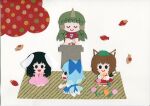  4girls :d absurdres animal_ears black_hair blue_dress blue_hair bow bowtie bunny_ears carrot_necklace cat_ears cat_tail chen cirno closed_eyes curly_hair dress earrings falling_leaves floppy_ears flower geta green_hair hair_bow hat highres horns ice ice_wings inaba_tewi jewelry komano_aunn leaf long_hair mob_cap multiple_girls multiple_tails nekomata open_mouth orange_flower outdoors papercraft_(medium) pink_dress pink_flower poru_(tohopunk) profile red_dress red_shirt seiza shirt short_hair simple_background single_earring sitting smile tail touhou two_tails unconventional_media white_background wings yellow_neckwear 