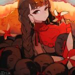  1girl bangs braid breasts brown_eyes brown_hair closed_mouth dress earrings eyebrows_visible_through_hair grey_dress jewelry jizou long_earlobes long_hair looking_at_viewer looking_back maaru_(akira428) medium_breasts pinwheel red_scarf scarf solo statue touhou yatadera_narumi 