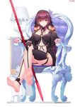 1girl absurdres armor barefoot breasts chair covered_nipples crossed_legs fate/grand_order fate_(series) feet foot_focus full_body gae_bolg_(fate) hair_intakes highres legs long_hair looking_at_viewer navel ninai no_shoes pauldrons polearm purple_hair red_eyes scathach_(fate) scathach_(fate)_(all) shoulder_armor sitting soles spear toes very_long_hair weapon 