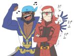  2boys anchor_necklace archie_(pokemon) arm_up batabiru belt blue_bandana clenched_hand closed_mouth commentary_request crossed_arms dark-skinned_male dark_skin glasses long_sleeves male_cleavage male_focus maxie_(pokemon) medium_hair multiple_boys musical_note open_clothes open_mouth orange_belt pectorals pokemon pokemon_(game) pokemon_oras red_hair ribbed_sweater sharp_teeth smile sweater team_aqua team_magma teeth tongue unamused |d 