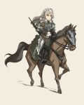  1girl animal_ears apron armor armored_animal assault_rifle asterisk_kome black_hair breastplate cavalry grey_hair gun highres horse horse_ears horse_tail horseback_riding maid maid_apron maid_headdress original riding rifle saddle signature solo tail weapon 