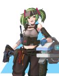  1girl alternator apex_legends bangs black_pants breasts brown_eyes brown_headband cosplay d.o.c._health_drone delruki delutaya detached_sleeves drone green_hair gun highres holding holding_gun holding_weapon lifeline_(apex_legends) lifeline_(apex_legends)_(cosplay) looking_at_viewer navel open_mouth pants sate science_fiction small_breasts smile solo submachine_gun tank_top twintails virtual_youtuber walkie-talkie weapon 