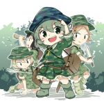  4girls :&lt; black_hair blonde_hair boots bucket_hat bush camouflage camouflage_headwear camouflage_shirt camouflage_skirt chibi full_body green_eyes green_footwear green_hair green_headwear green_shirt green_skirt hand_up hat holding kappa_mob key knife looking_at_viewer multiple_girls open_mouth outdoors ruichi_fox shirt short_hair short_sleeves skirt smile sword telescope touhou weapon white_background yamashiro_takane 