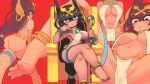  1girl :&lt; animal_ears anklet ass bangs barefoot black_hair black_nails blunt_bangs blush_stickers breasts cane commentary crossed_legs crotch dark-skinned_female dark_skin egyptian egyptian_clothes expressionless feet gashi-gashi hair_ornament head_rest highres jackal_ears jewelry large_breasts long_hair looking_at_viewer low-tied_long_hair multiple_views navel original pelvic_curtain red_background revealing_clothes sanpaku simple_background sitting soles spread_legs symbol_commentary toenails toes usekh_collar very_long_hair 