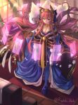  1girl absurdres animal_ear_fluff animal_ears bell blue_kimono blue_legwear blue_ribbon breasts cleavage collarbone crown eyebrows_visible_through_hair fate/grand_order fate_(series) fox_ears fox_girl fox_tail hair_ribbon highres indoors japanese_clothes kimono large_breasts long_hair looking_at_viewer multiple_tails off_shoulder official_art petals pink_hair radishkek ribbon solo tail tamamo_(fate)_(all) tamamo_no_mae_(fate) very_long_hair yellow_eyes 