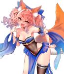  1girl adapted_costume animal_ear_fluff animal_ears bangs bare_shoulders blue_bow blue_legwear bow breasts cleavage commentary fate/extra fate_(series) fox_ears fox_girl fox_tail hair_between_eyes hair_bow long_hair looking_at_viewer medium_breasts open_mouth pink_hair sidelocks tail tamamo_(fate)_(all) tamamo_no_mae_(fate) thighhighs thighs wisespeak yellow_eyes younger 