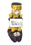  1girl ashiomi_masato bangs black_legwear blonde_hair breasts commentary_request fingerless_gloves fur_hat gloves guilty_gear guilty_gear_xrd hat highres jacket large_breasts long_hair long_sleeves millia_rage seiza sign sitting solo thighs translation_request ushanka white_gloves yellow_jacket 