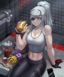  1girl arm_support banned_artist bare_shoulders blue_eyes breasts burger cleavage crate cup dark_arts_kai disposable_cup drinking_straw eating english_commentary eyepatch food french_fries gloves highres holding holding_food indoors long_hair medium_breasts navel original phone ponytail sitting sleeveless solo toned valestina_(dark_arts_kai) 