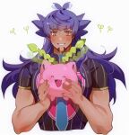  1boy blush champion_uniform chariko commentary dark-skinned_male dark_skin facial_hair gen_2_pokemon holding holding_pokemon hoppip leon_(pokemon) long_hair male_focus motion_blur orange_eyes pokemon pokemon_(creature) pokemon_(game) pokemon_swsh purple_hair shirt short_sleeves smile upper_body white_background 