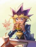 1boy bangs black_shirt blonde_hair blue_jacket blush bright_pupils burger commentary_request cup disposable_cup drinking_straw eating food fushitasu hair_between_eyes hands_up jacket long_sleeves looking_up male_focus millennium_puzzle multicolored_hair mutou_yuugi open_clothes open_jacket purple_eyes purple_hair school_uniform shirt solo spiked_hair tray white_pupils yu-gi-oh! yu-gi-oh!_duel_monsters 