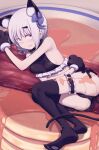  1girl absurdres animal_ears bell black_bow black_legwear blush bow cat_ears cat_paws cat_tail daisi_gi fate/grand_order fate_(series) food frilled_straps hair_between_eyes hair_ribbon highres horns lavinia_whateley_(fate) long_hair looking_at_viewer lying on_side open_mouth oversized_food pale_skin pancake paws purple_eyes ribbon sidelocks skinny solo tail thigh_strap thighhighs white_hair 