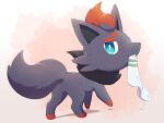  blue_eyes bright_pupils commentary_request creature full_body gen_5_pokemon kemonobito looking_back mouth_hold no_humans pokemon pokemon_(creature) single_sock socks solo white_pupils zorua 