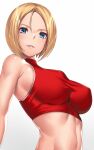  1girl bangs blonde_hair blue_eyes blue_mary breasts commentary fatal_fury gradient gradient_background grey_background highres large_breasts looking_at_viewer parted_bangs parted_lips short_hair simple_background smile solo takanashi-a the_king_of_fighters upper_body white_background 