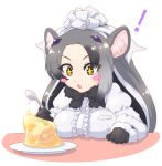  +_+ 1girl animal_ears anteater_ears arm_rest black_hair blouse blush_stickers bow bowtie breast_rest breasts brown_eyes eyes_visible_through_hair food fur_collar fur_trim gelatin giant_anteater_(kemono_friends) gloves grey_hair hair_ornament hand_up highres holding holding_spoon kemono_friends long_hair long_sleeves looking_at_object mikan_toshi multicolored_hair open_mouth solo spoon symbol-shaped_pupils upper_body very_long_hair white_hair 