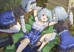  3girls at4 at4_(girls_frontline) blush breasts girls_frontline medium_breasts multiple_girls pleated_skirt pushing_down qub_dlfr rocket_launcher short_hair silver_hair skirt smile sweatdrop weapon yuri 