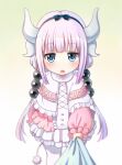  1girl bangs blue_eyes blush bow_hairband child commentary_request dragon_girl dragon_horns frills gradient gradient_background hairband horns kanna_kamui kobayashi-san_chi_no_maidragon looking_at_viewer open_mouth purple_hair simple_background solo tail thighhighs tug yatomi 