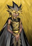  1boy alternate_costume armlet atem black_cape black_hair black_shirt blonde_hair bracelet cape closed_mouth commentary_request dark-skinned_male dark_skin ear_piercing fushitasu grey_hair hands_together jewelry male_focus piercing ring shirt solo spiked_hair yellow_eyes yu-gi-oh! yu-gi-oh!_duel_monsters 