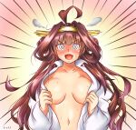  1girl @_@ ahoge breasts brown_hair commentary commentary_request double_bun emphasis_lines fang gradient gradient_background hairband headgear highres kantai_collection kongou_(kancolle) koutetunamekuji large_breasts long_hair open_clothes open_mouth red_background smile solo steam upper_body 