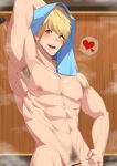  1boy :d abs absurdres after_bathing arm_behind_head arm_up armpit_hair armpits bangs bar_censor bathroom blonde_hair blue_towel blush censored collarbone completely_nude dripping hand_on_hip heart highres indoors lif_(shuroong) looking_at_viewer male_focus male_pubic_hair muscular muscular_male navel nipples nude open_mouth orange_eyes original pectorals penis pubic_hair short_hair smile solo spoken_heart standing steam towel towel_on_head wet 