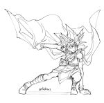  1boy arm_support atem bracelet cape commentary_request full_body fushitasu greyscale jewelry looking_to_the_side male_focus millennium_puzzle monochrome necklace outstretched_arm shoes solo spiked_hair squatting white_background yu-gi-oh! yu-gi-oh!_duel_monsters 