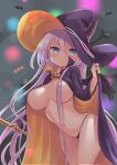  1girl aqua_eyes areola_slip areolae black_panties blush breasts cape closed_mouth commentary_request covered_nipples eyebrows_visible_through_hair hair_censor hair_over_breasts halloween hat highres large_breasts long_hair long_sleeves looking_at_viewer navel no_bra original panties purple_hair simple_background smile solo staff tenjou_ryuka underwear very_long_hair witch_hat 