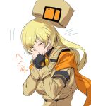  1girl ashiomi_masato bangs beige_jacket black_gloves blonde_hair breasts closed_eyes covering_mouth fingerless_gloves fur_hat gloves guilty_gear guilty_gear_strive hat highres large_breasts long_hair long_sleeves millia_rage scarf sneezing solo ushanka yellow_scarf 