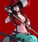  absurdres black_hair blue_eyes choker electric_guitar guilty_gear guilty_gear_strive guitar hat highres i-no instrument jacket lessthanone looking_at_viewer microphone midriff music open_mouth red_background red_jacket red_lips short_hair singing sunglasses venus_symbol very_short_hair witch_hat 