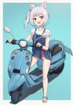  1girl :d animal_ear_fluff animal_ears bag blue_background blue_dress blue_eyes blue_hair blue_nails brown_footwear cat_ears dress fish_tail full_body gawr_gura grey_hair ground_vehicle highres hololive hololive_english looking_at_viewer md5_mismatch motor_vehicle motorcycle multicolored_hair official_alternate_costume open_mouth sandals shark_tail sharp_teeth shirt shoulder_bag side_ponytail sleeveless sleeveless_dress smile solo streaked_hair tail teeth toenail_polish uneg virtual_youtuber white_shirt 