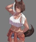  1girl abs animal_ears arm_up blush breasts brown_eyes brown_hair cleavage cowboy_shot crop_top grey_background grey_shorts hand_on_hip highres hunyan large_breasts looking_at_viewer midriff original parted_lips short_hair shorts simple_background smile solo tail tank_top towel white_tank_top 