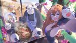  1girl apron beach blush brown_hair burger carving_fork dyarikku food grill grilling highres innertube long_hair on_shoulder one-piece_swimsuit open_mouth original panda pointing ribbon samantha_(admiral_bahroo) sausage screaming selfie swimsuit umeru_(admiral_bahroo) wrist_ribbon 